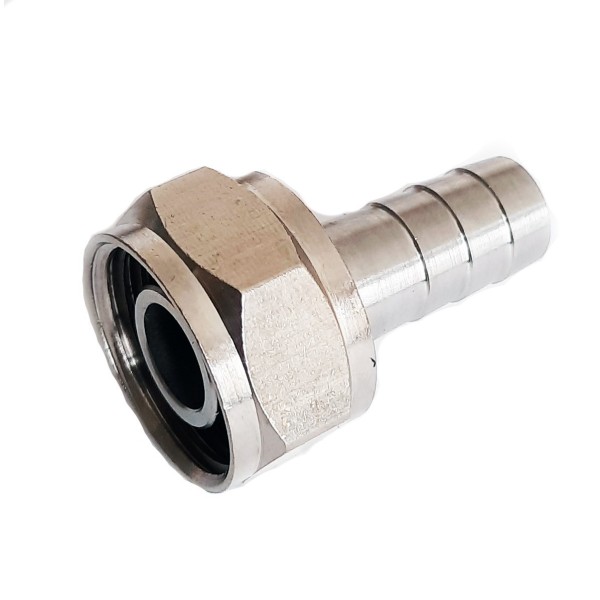Raccord droit hexagonal en acier inoxydable de 10 mm (pour tuyaux de 1/2", 14 et 16 mm) avec filetage de 5/8". Raccord droit hexagonal en acier inoxydable de 10 mm (pour tuyaux de 1/2", 14 et 16 mm) avec filetage de 5/8".